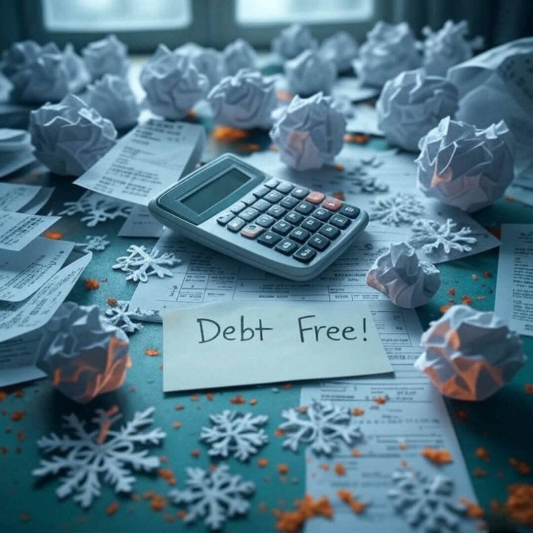 Cluttered desk with debt plans, glowing calculator.