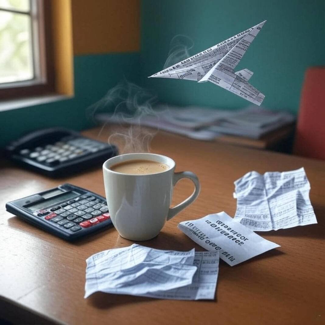 Cluttered desk with chai, calculator, paper airplane.