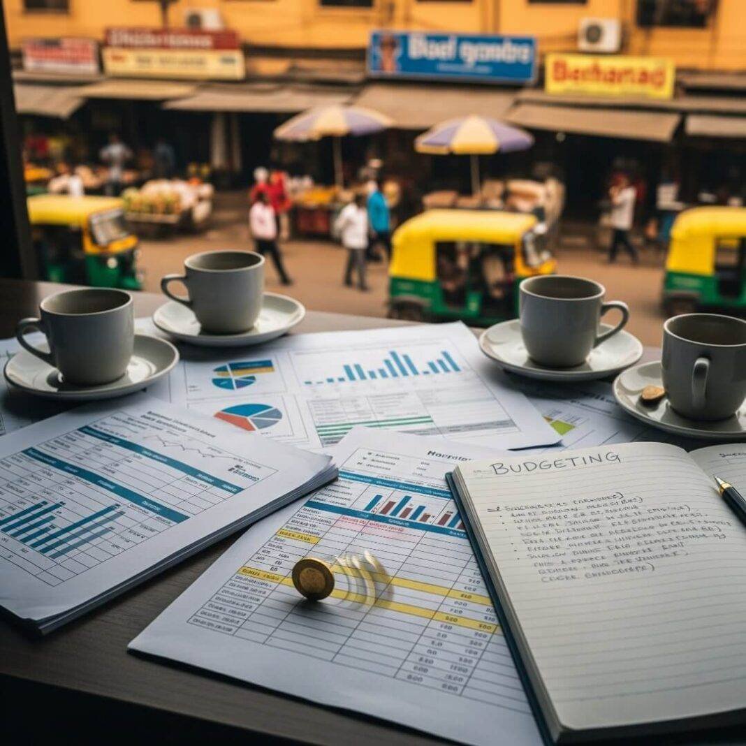 Person writing in notebook at chai stall, phone with charts.