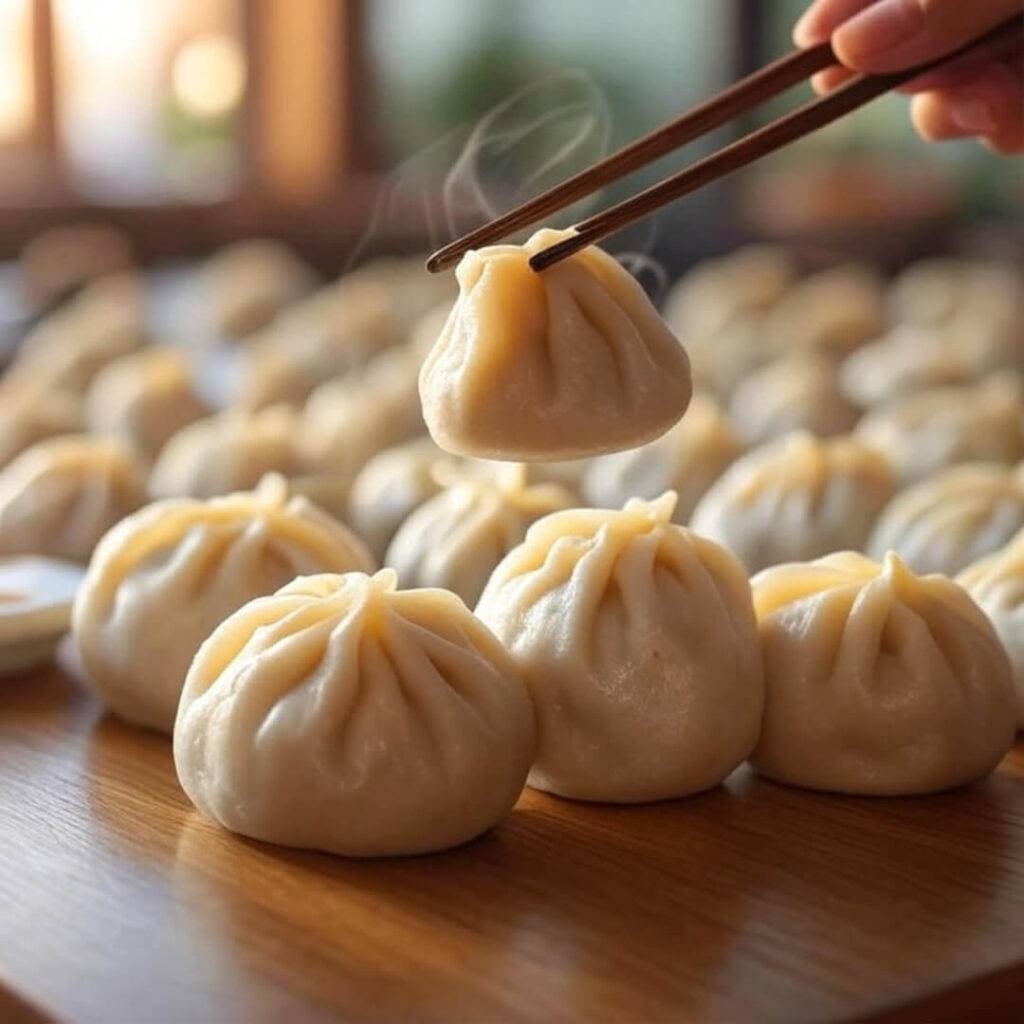 Blurry steamy momos, fumbling hand with chopsticks.