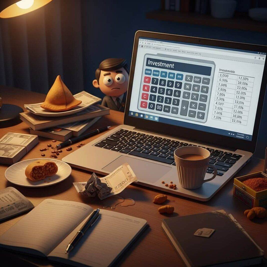 Cluttered Indian desk with laptop showing investment calculator.