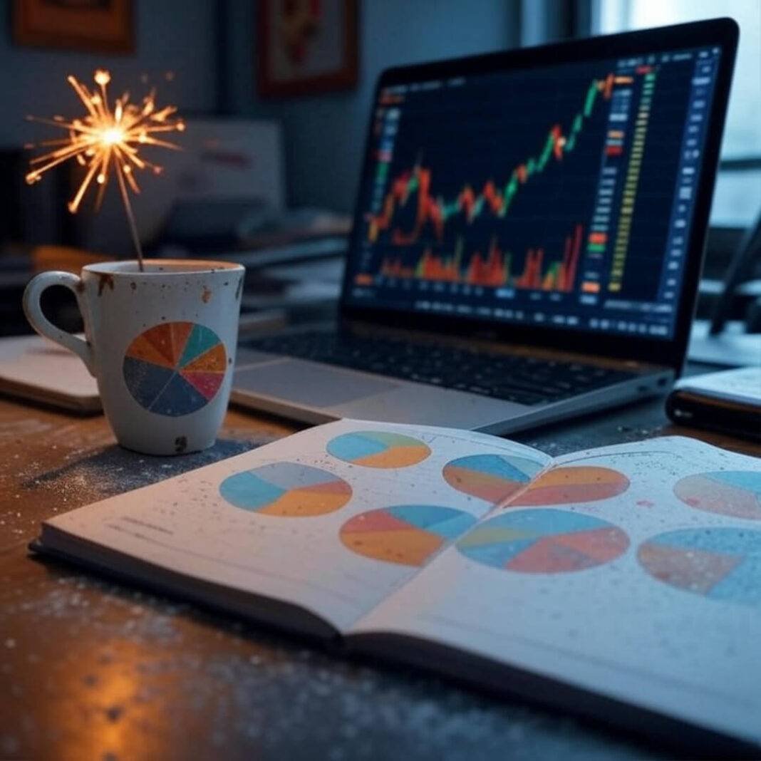 Cluttered desk with laptop, chai, sparkler, pie charts.