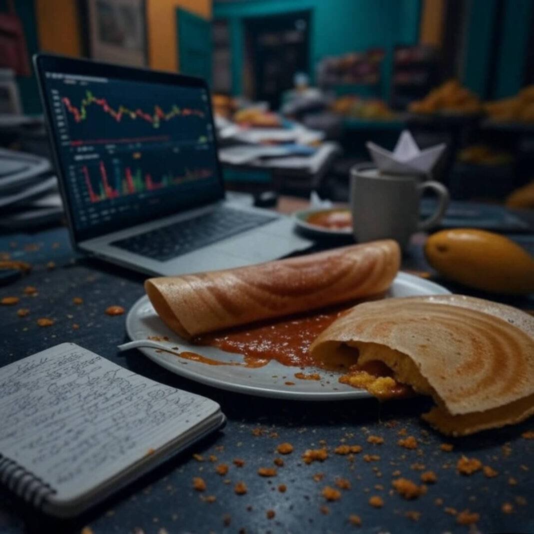 Cluttered Mumbai desk with laptop, dosa, paper boat.