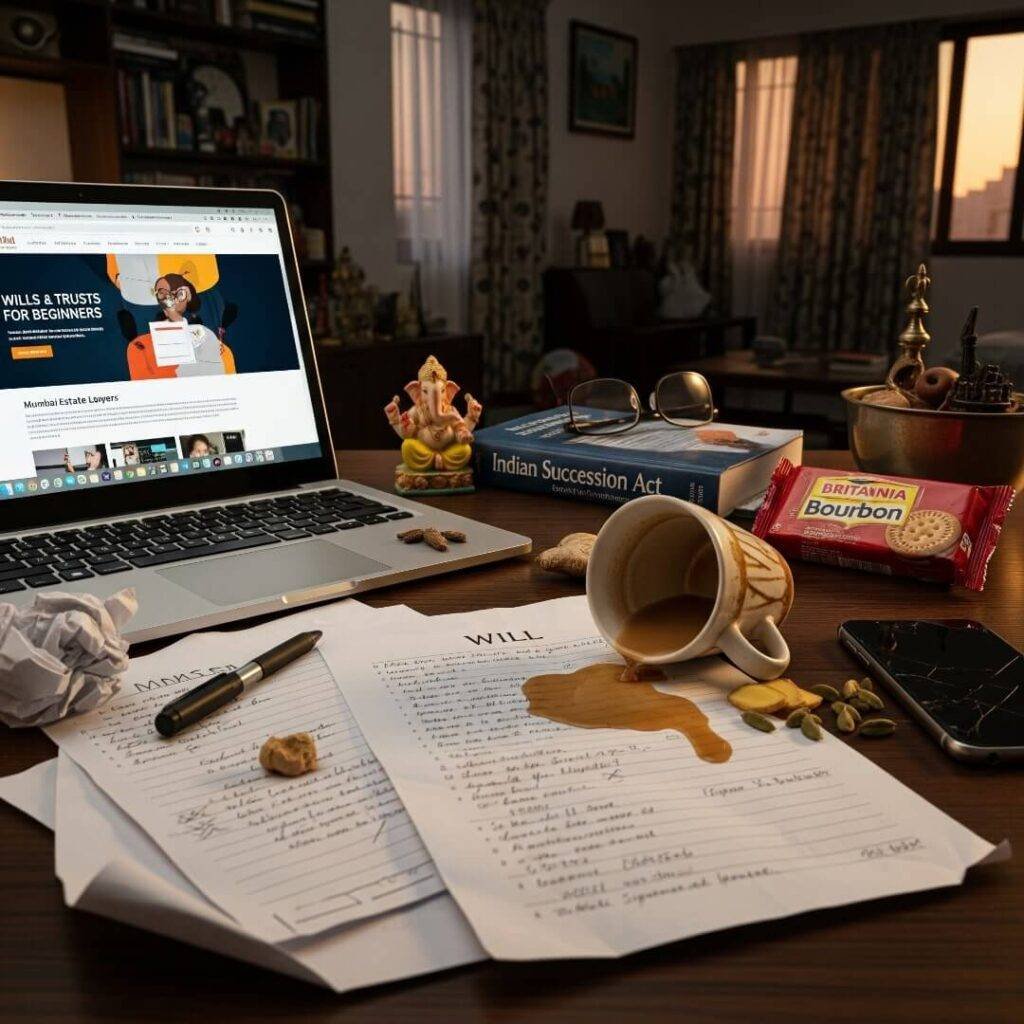 Cluttered desk, spilled chai, estate planning website.