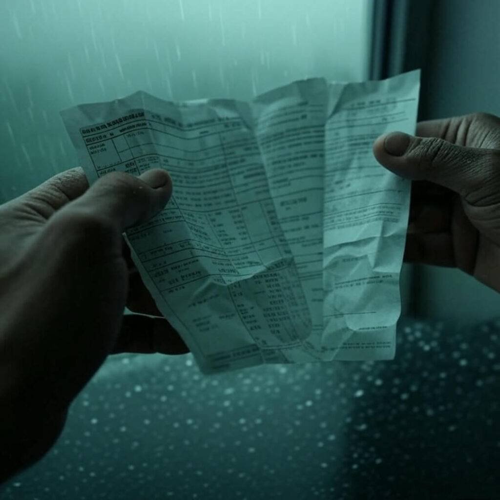 Hands holding crumpled tax receipt, rainy window background.