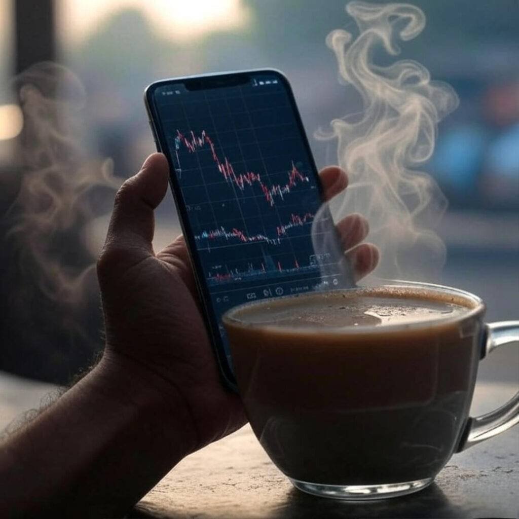Steamy chai blurs panicked stock sell screen.
