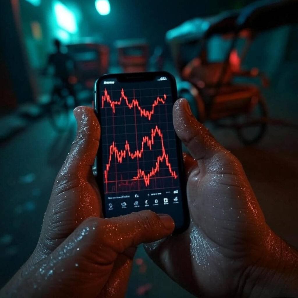 Shaky phone grip, red stock graph, blurry rickshaw.