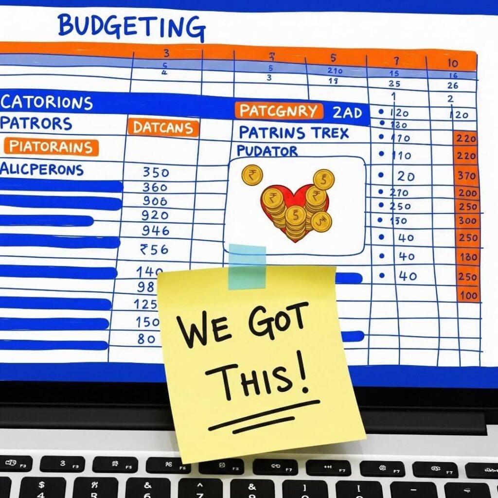 Laptop with budgeting spreadsheet, "We Got This!" note.