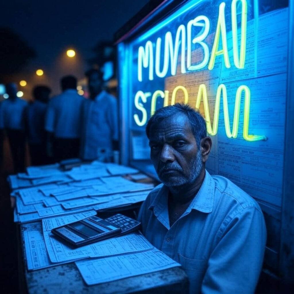 Mumbai stall at dusk, neon sign, unpaid bills.