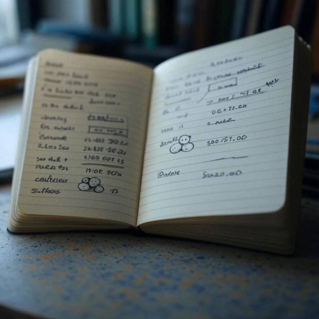 Grainy notebook with crossed-out debts and snowballs.