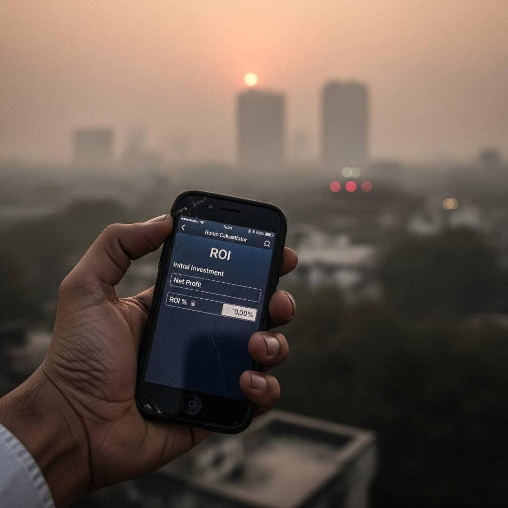 Hand holding phone with ROI calculator, Delhi skyline.

