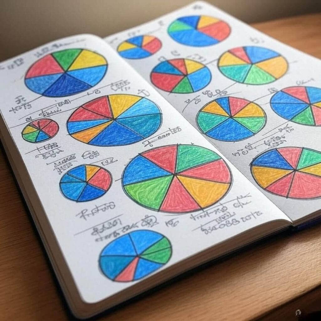 Grainy notebook with colorful, corrected asset pie charts.