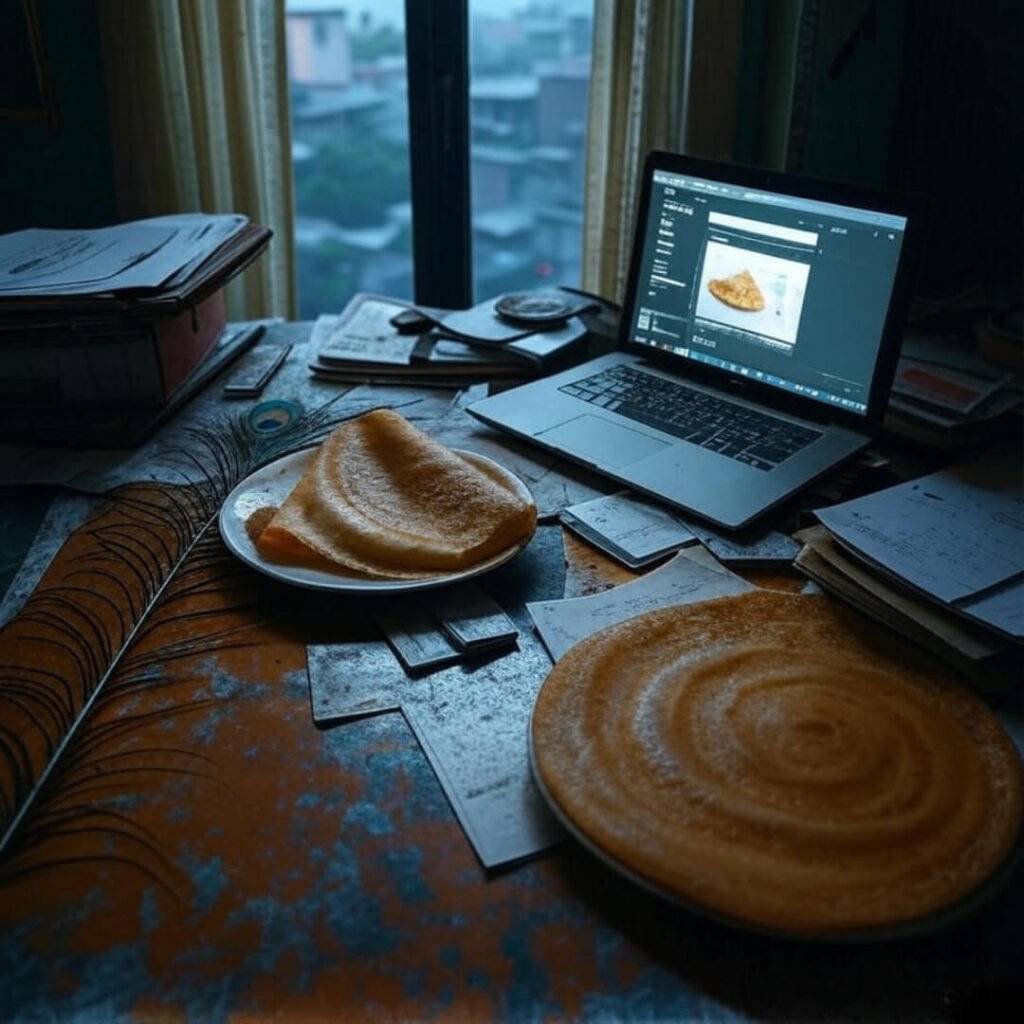 Blurred Delhi café table, notebook, chai cup, spices.