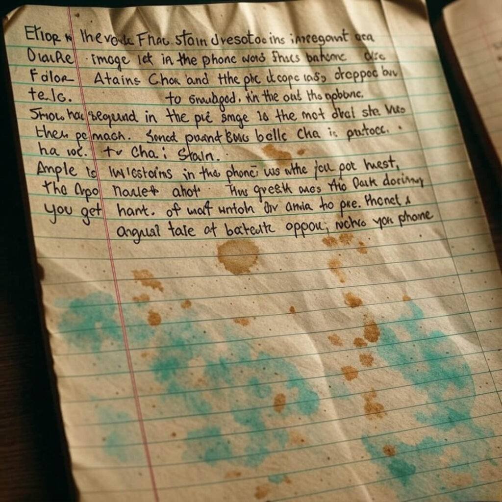Crumpled notebook with chai stains, odd angle shot.