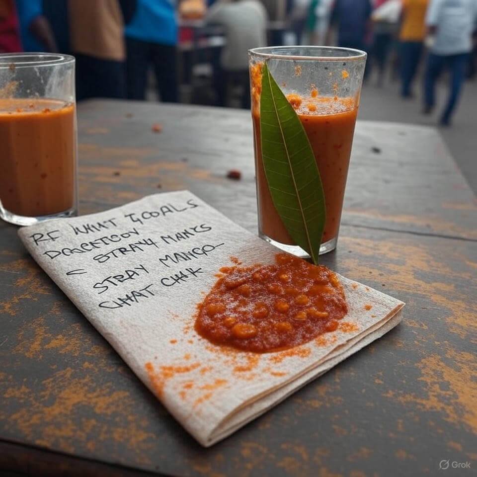 Chili-stained napkin with retirement goals, chai glass.