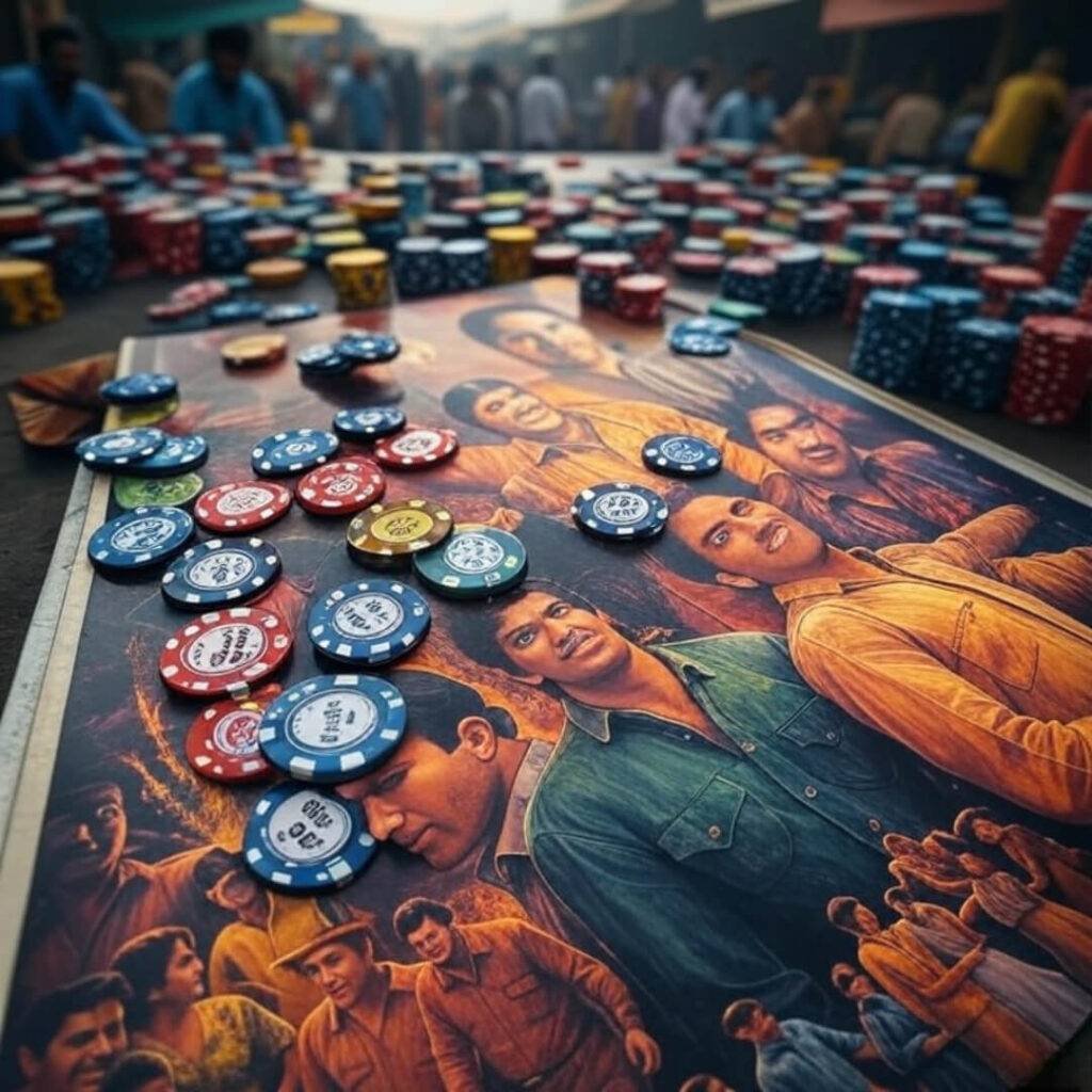 Poker chips tumbling on faded Bollywood poster.