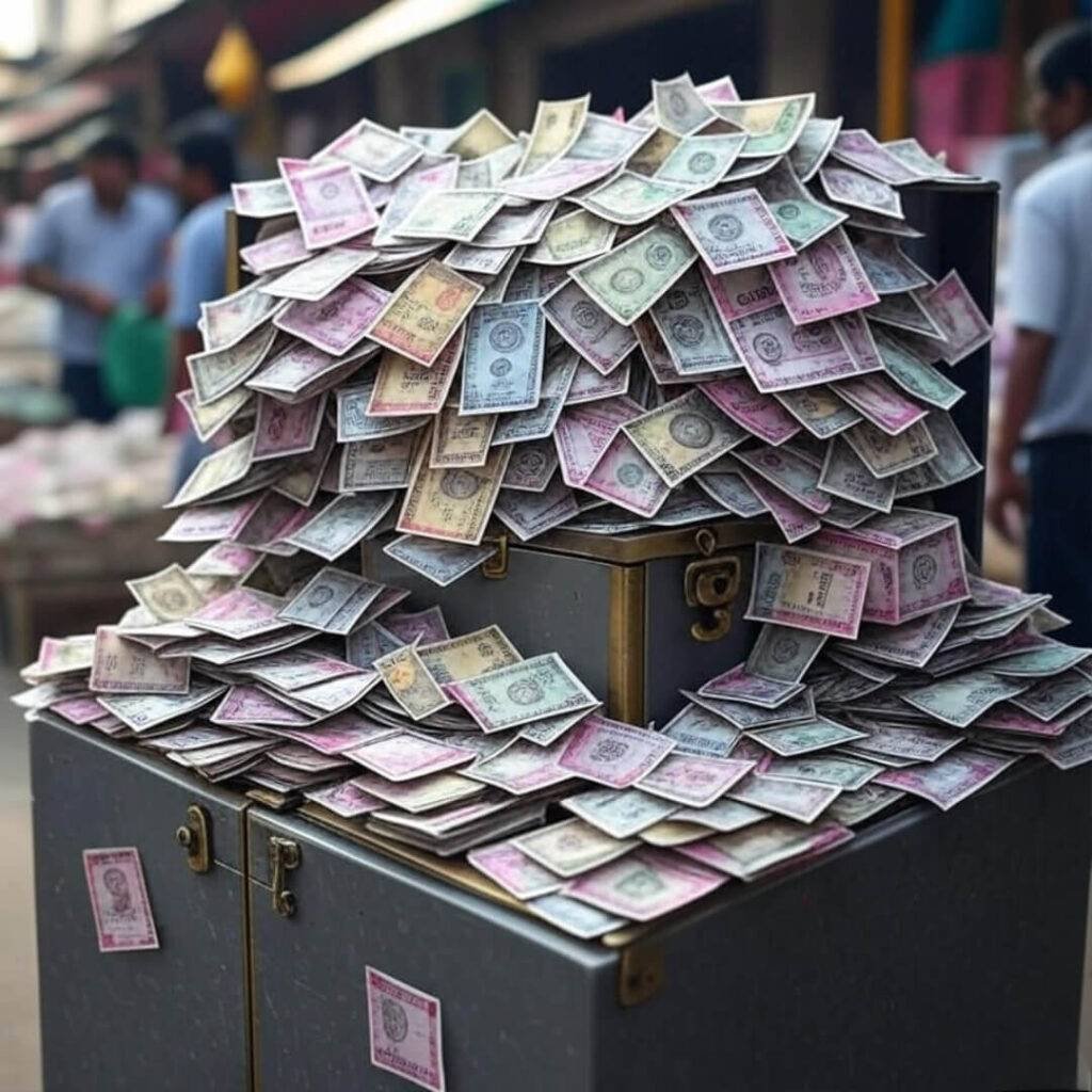 Overflowing cash box with rupees, street vendor hustle.