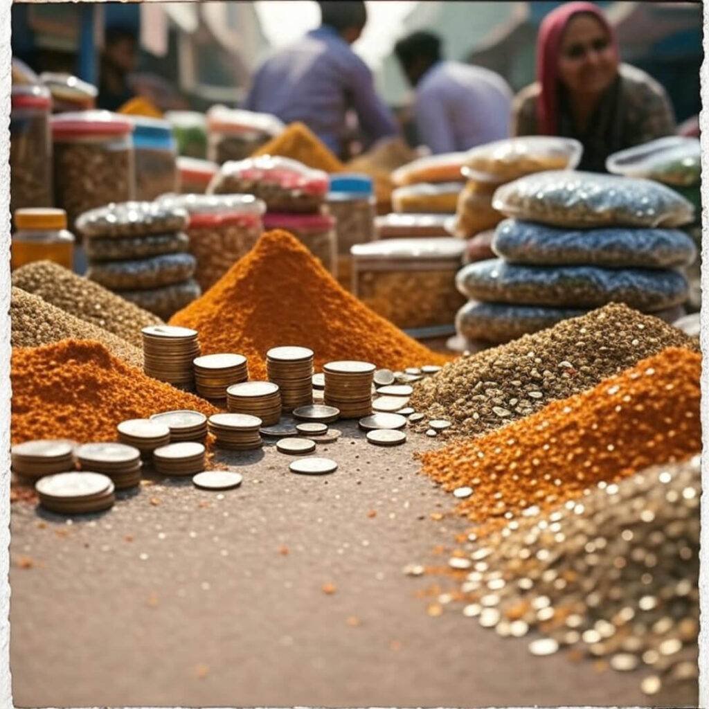 Bustling market with spices, scattered coins, retro vibe.