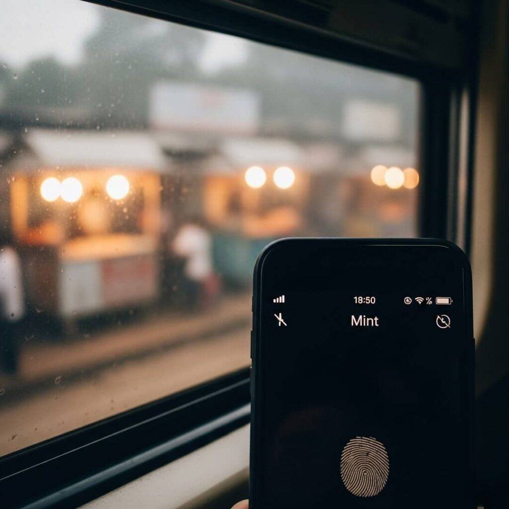 Phone, Mint app, blurred train window.