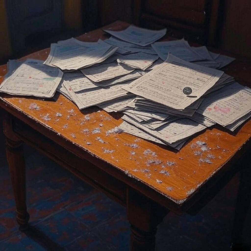 Rickety table with loan papers, spinning rupee coin.