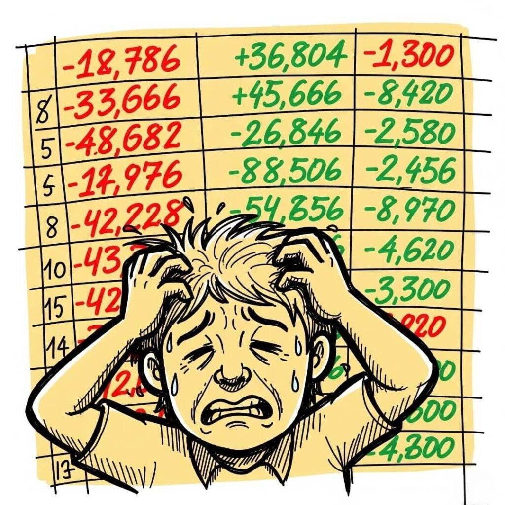Chaotic hand-drawn spreadsheet, person scratching head.