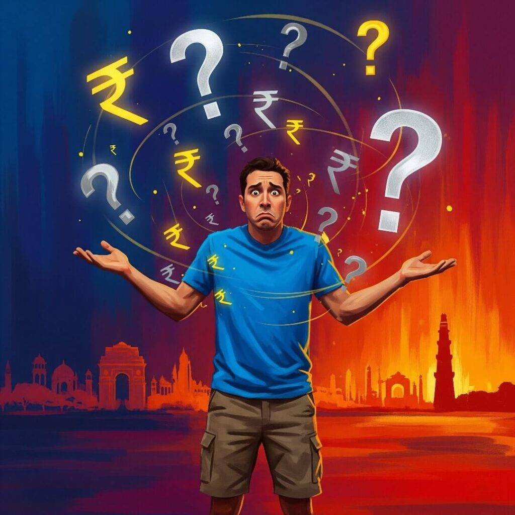 Confused man surrounded by rupee symbols and questions.