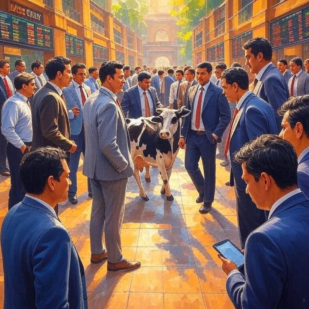 Bustling Mumbai stock exchange with stray cow.