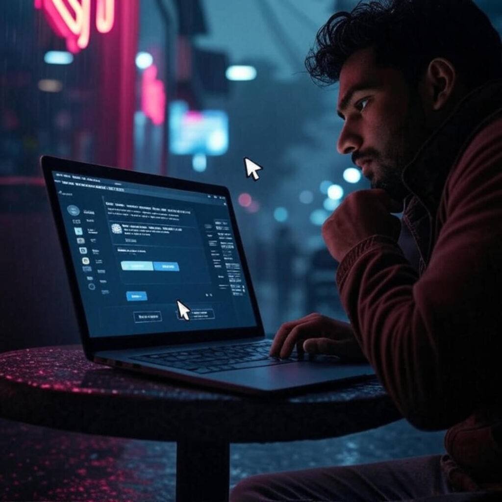 Rainy Mumbai café, laptop on "buy" button.