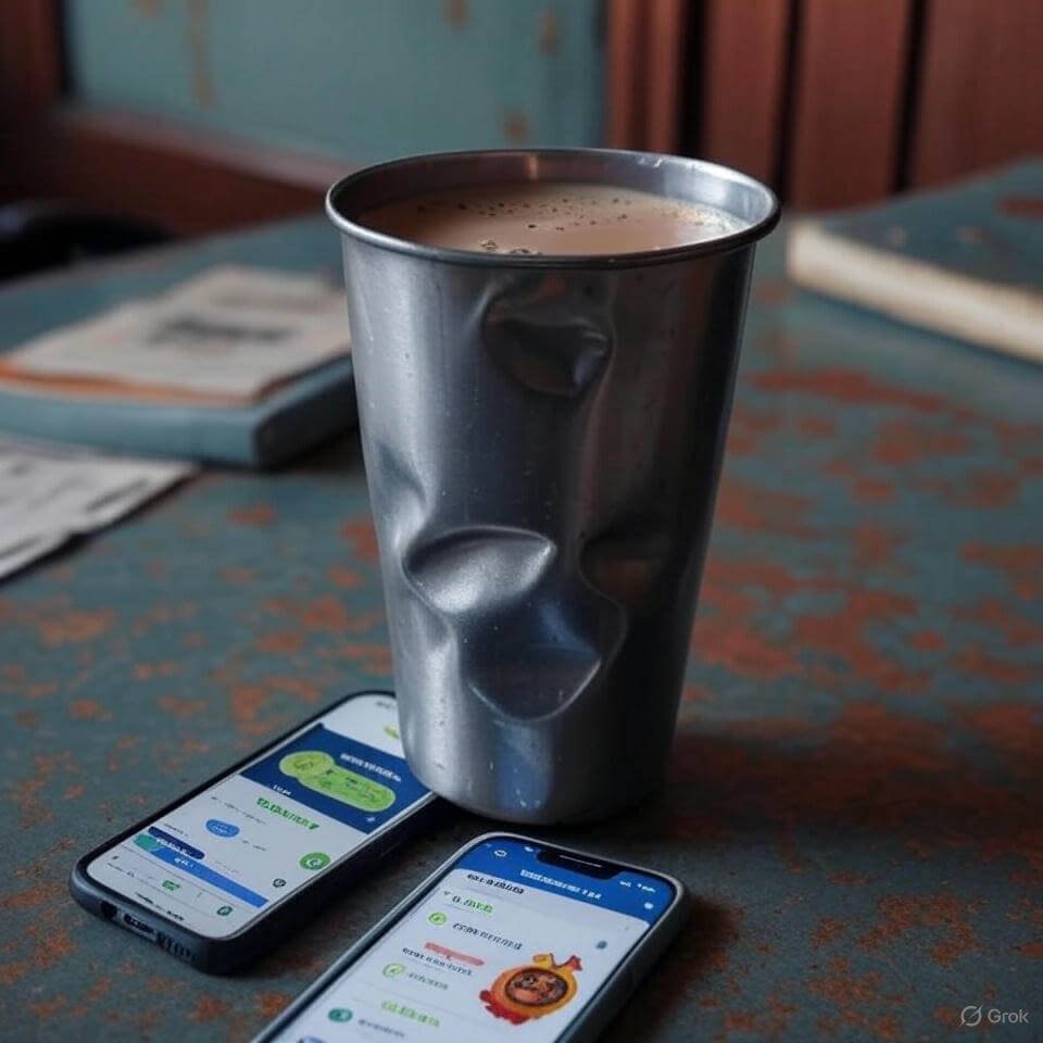 Dented tumbler with chai, budgeting app, bindi sticker.