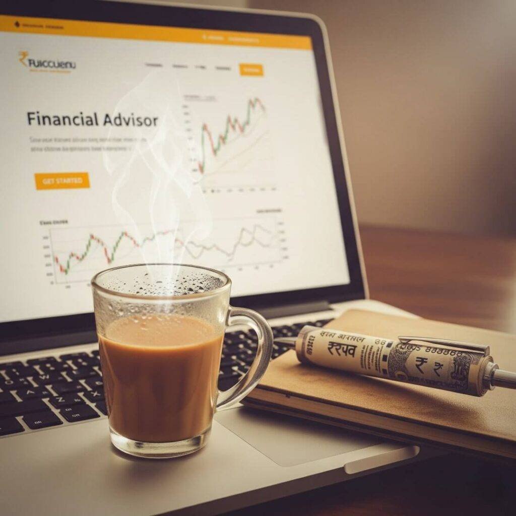 Desk with financial papers, chai, coin, Bangalore market.