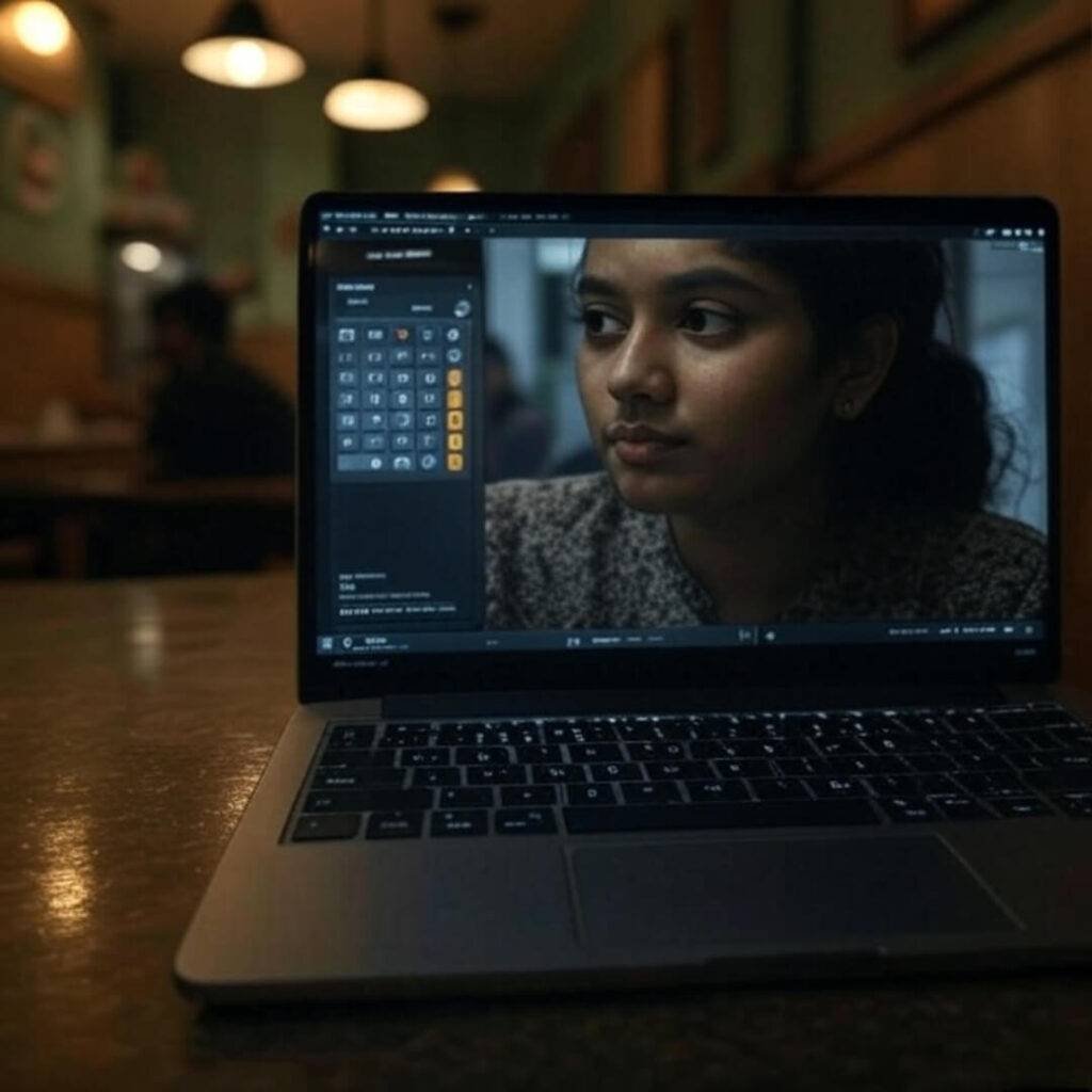 Laptop with tax calculator, faint reflection, dim café.