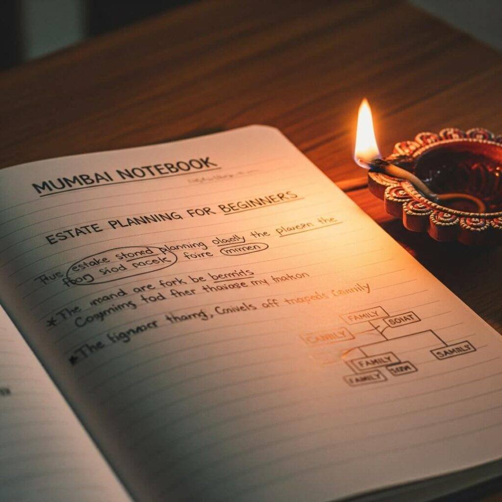 Notebook with estate planning notes, diya lamp.