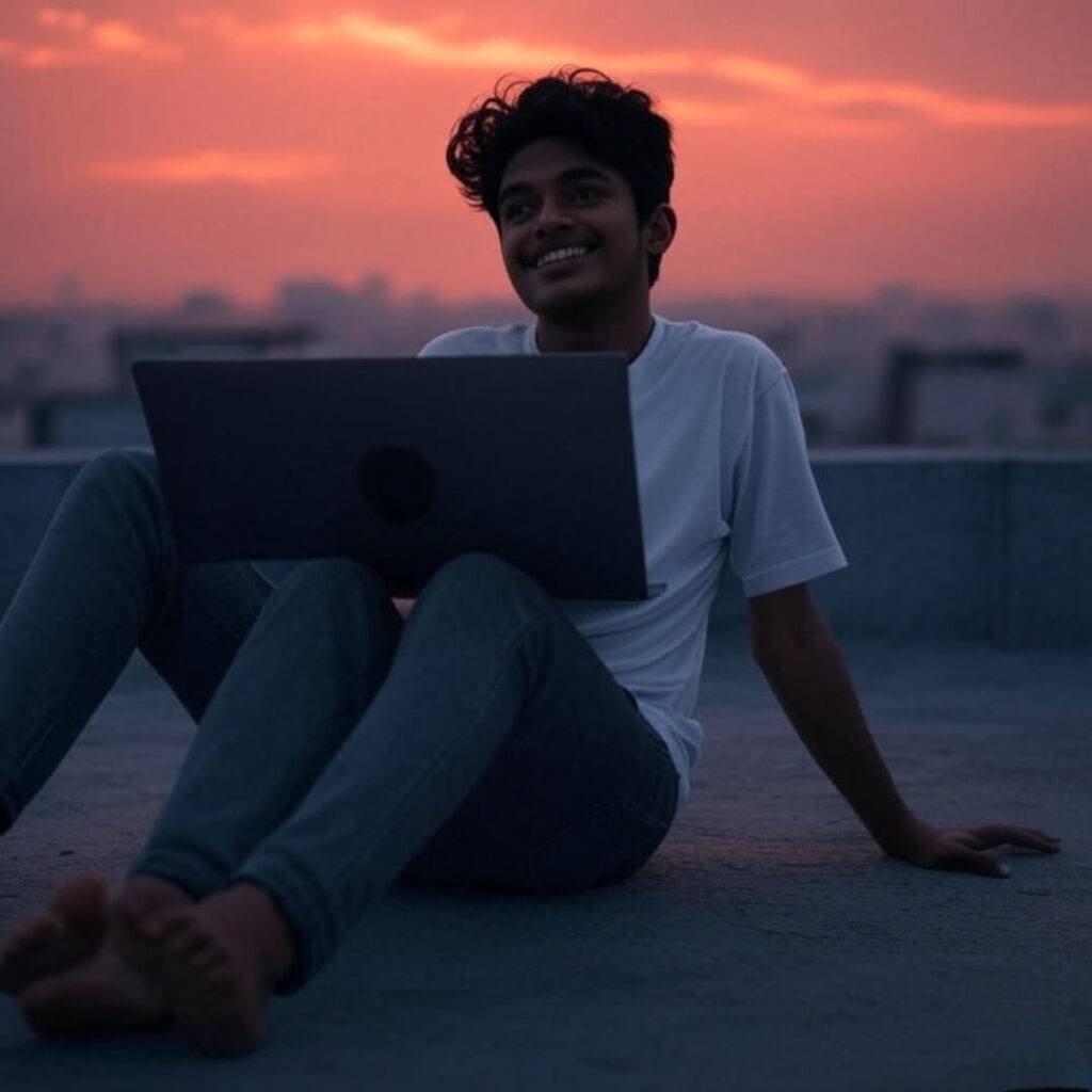 Rooftop man with laptop, sunset, cautious optimism.