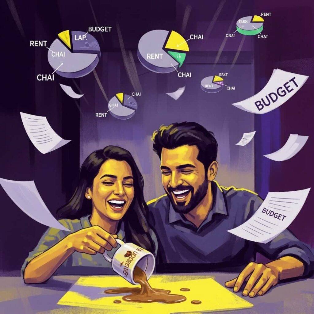 Couple laughing over spilled chai, flying budget papers.