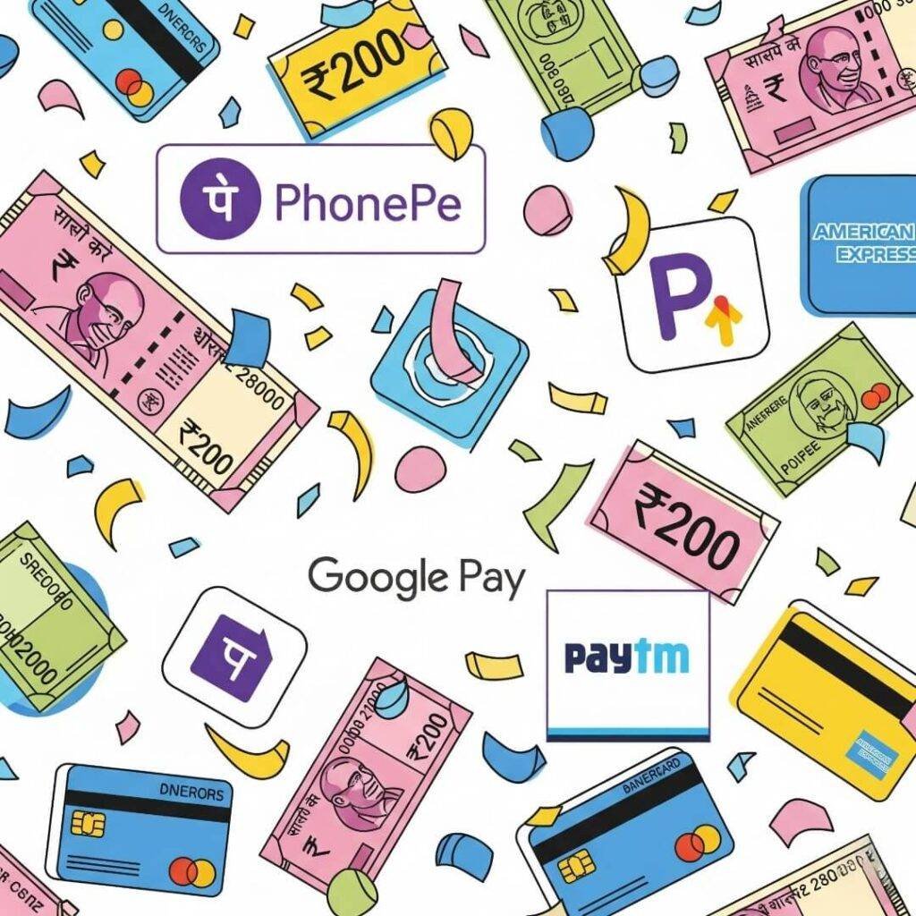 App logos, Indian rupees, credit cards.