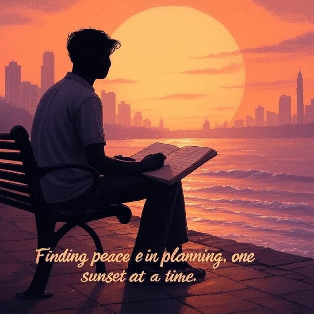 Mumbai sunset, silhouette scribbling in notebook at Marine Drive.