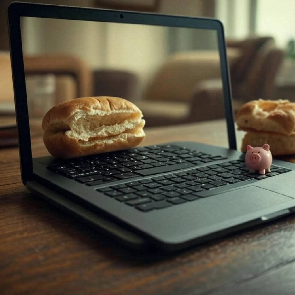 Laptop with insurance comparison, vada pav, winking piggy.