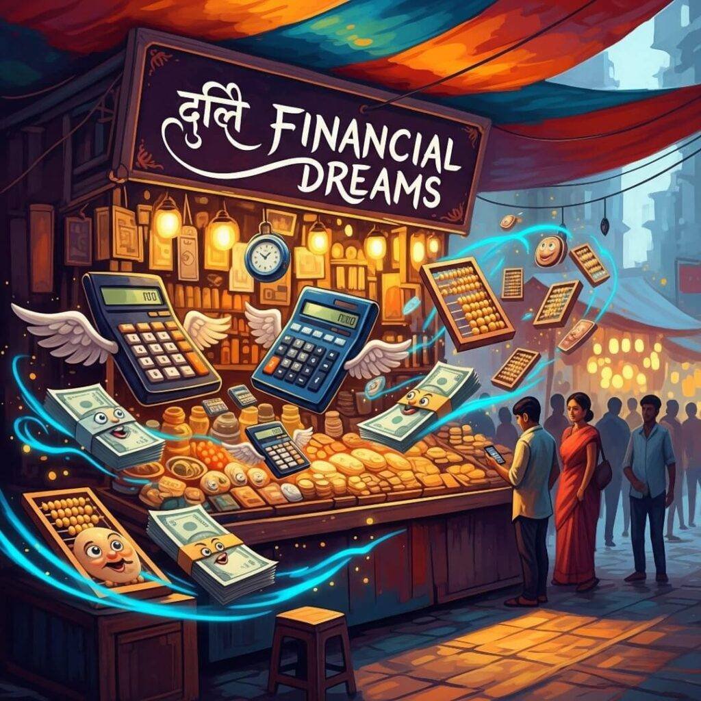 Surreal painting of Indian market stall, "Financial Dreams".