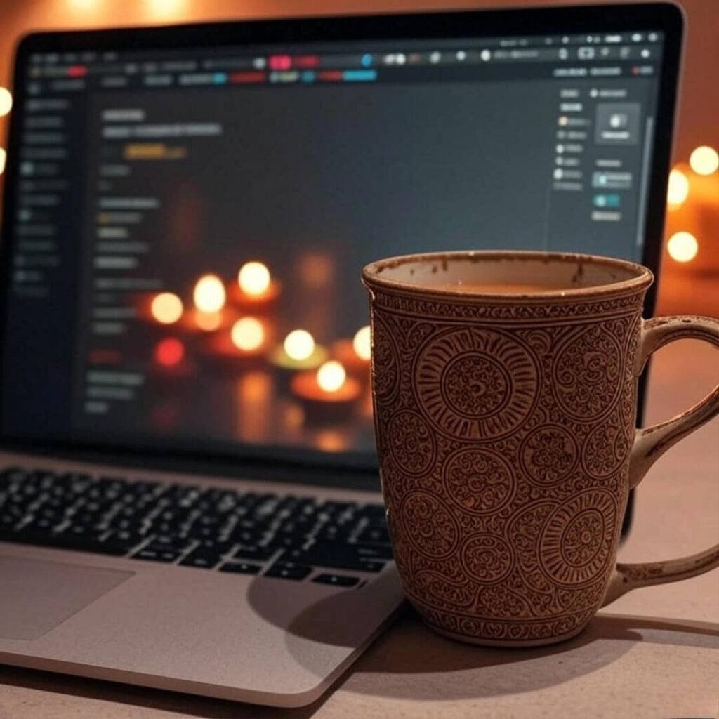 Vintage chai cup beside laptop with Diwali lights.