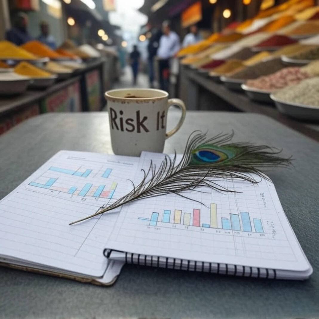 Peacock feather, notebook, chai cup, vibrant spice background.