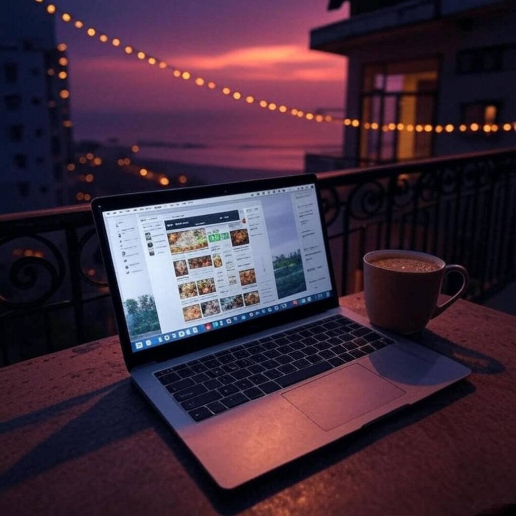 Mumbai balcony with laptop, chai, Diwali lights.