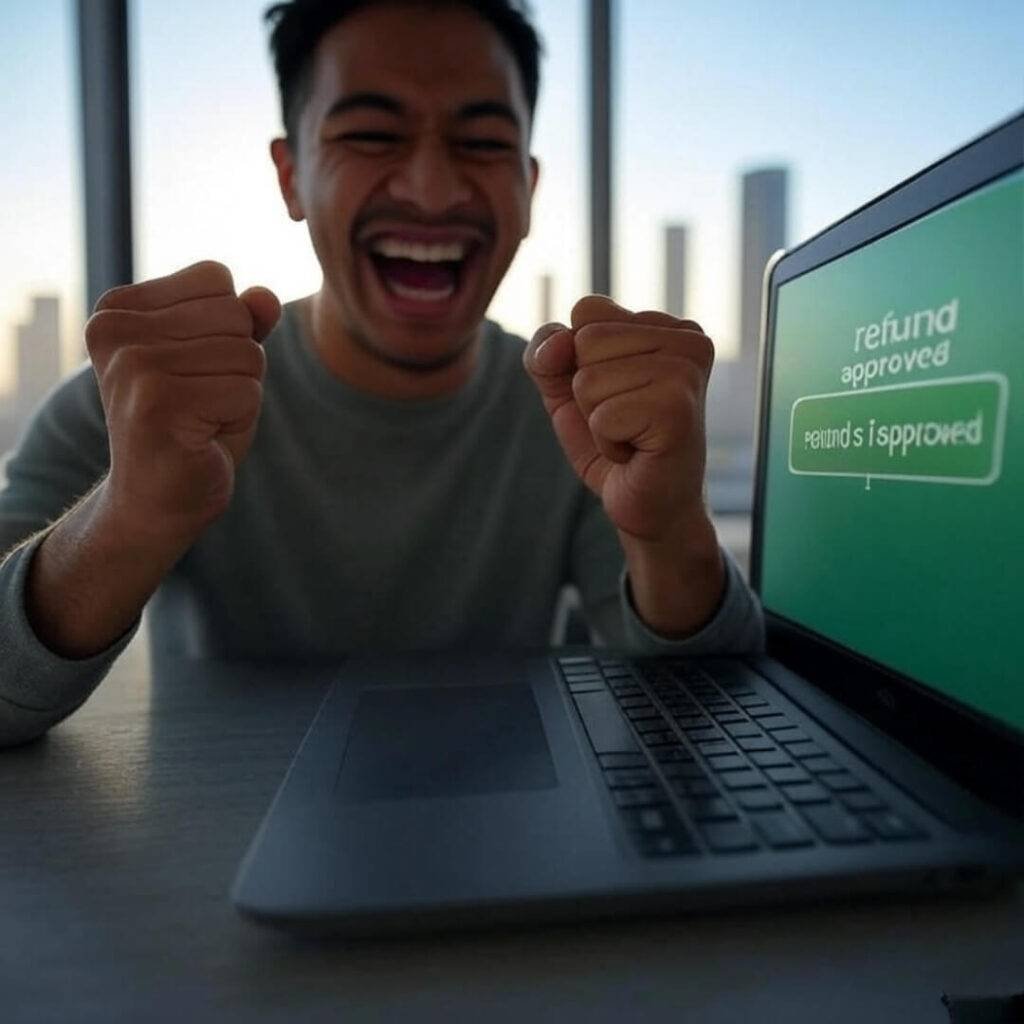 Fist-pump victory over refund laptop screen.