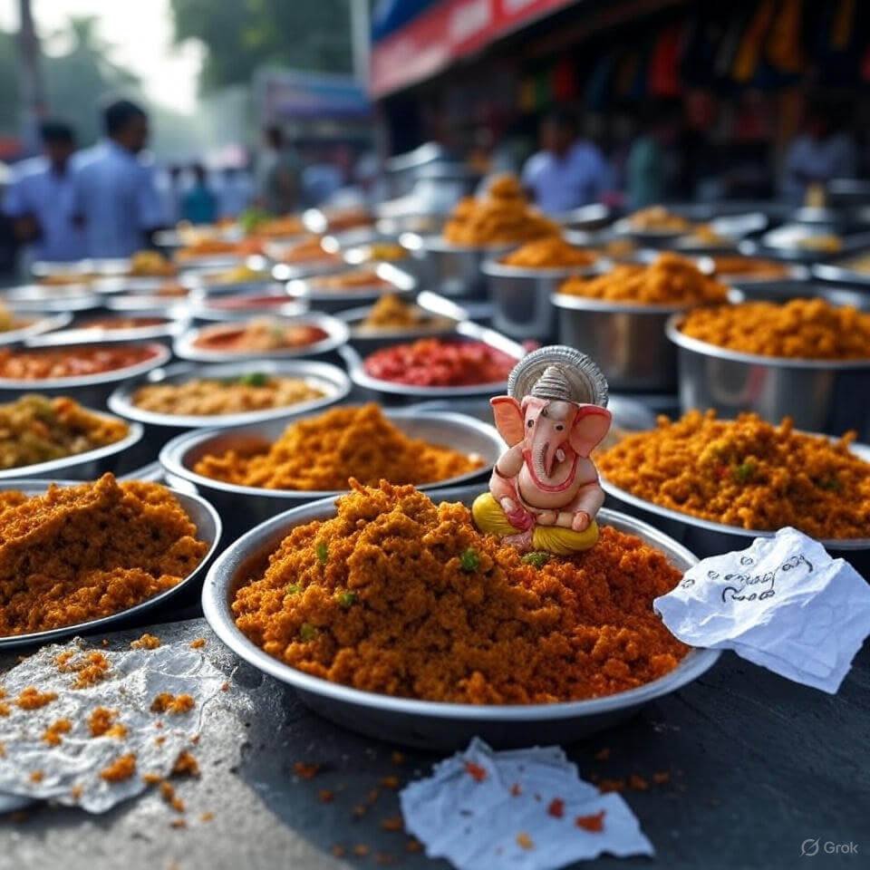 Chaotic chaat stall with Ganesh idol, emergency note.