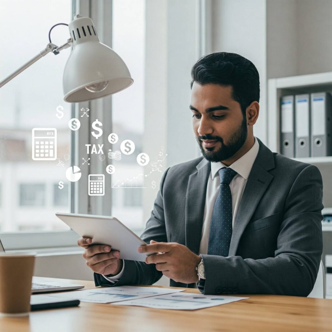 Confident professional reviewing taxes on tablet