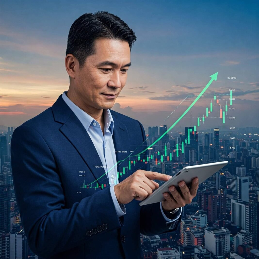 Confident investor analyzing upward stock trend