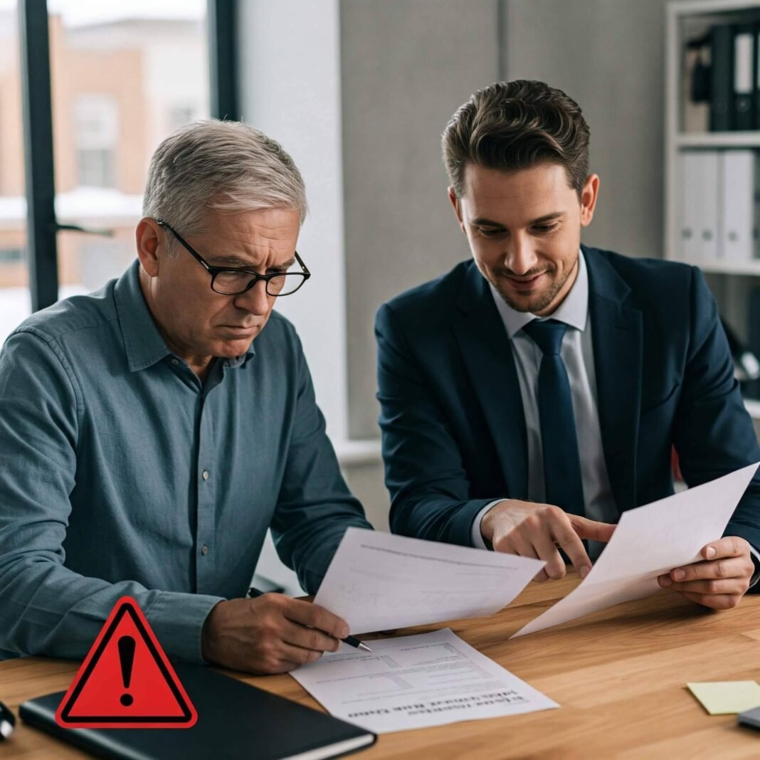 Cautious client reviews financial documents.