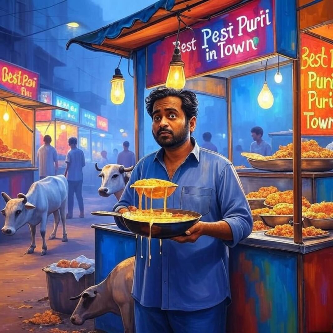 Impressionistic stall, noob with drippy pani puri, cow.