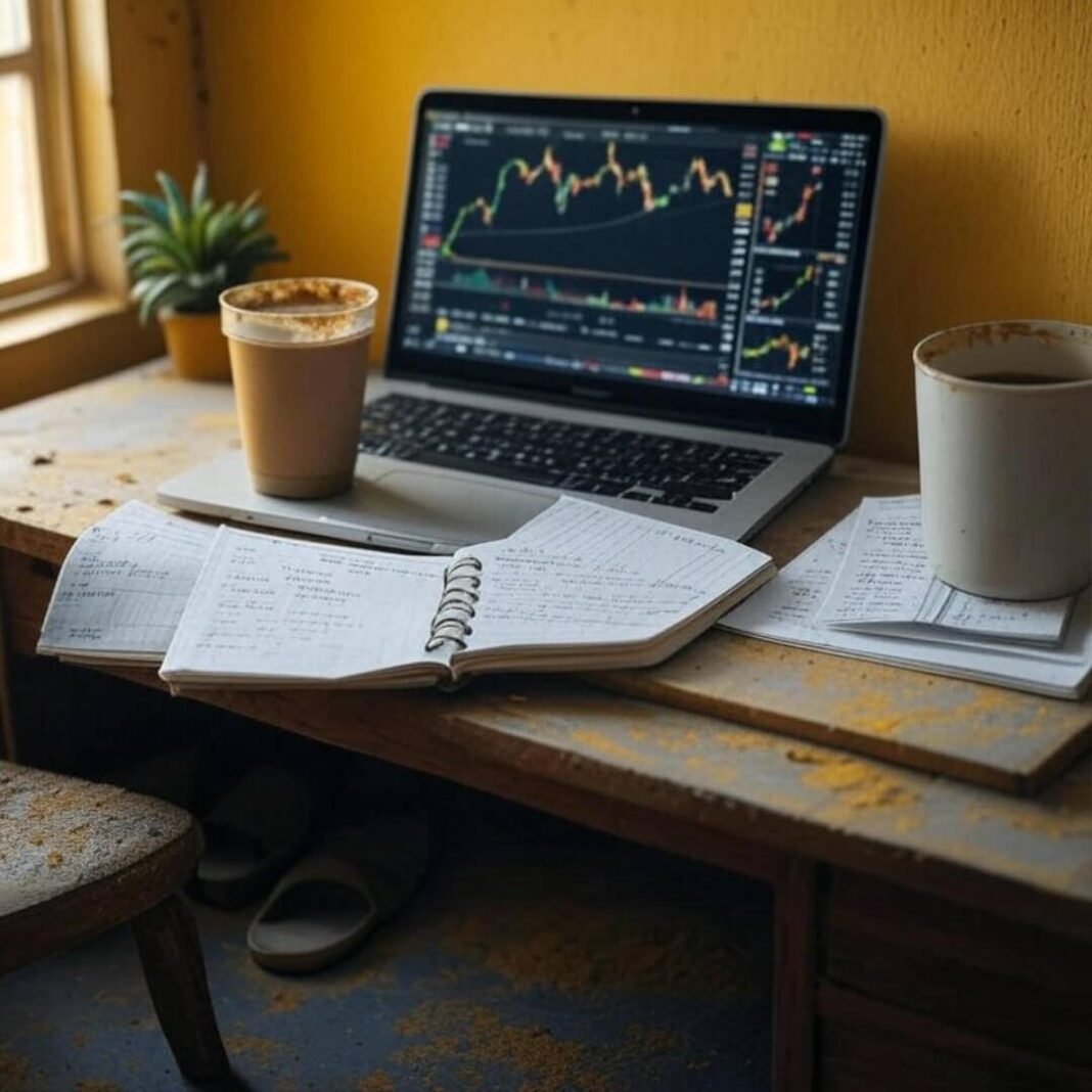 Messy desk with laptop, chai, sandal, stock charts.